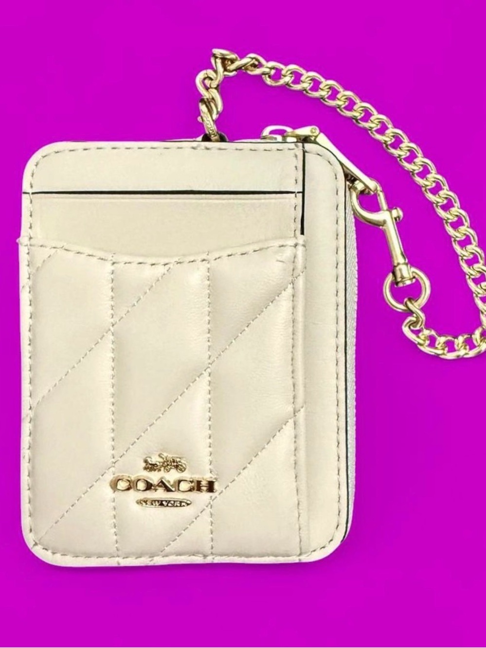 Coach Cream Quilted Leather Zip Card Case Wallet with Gold Chain